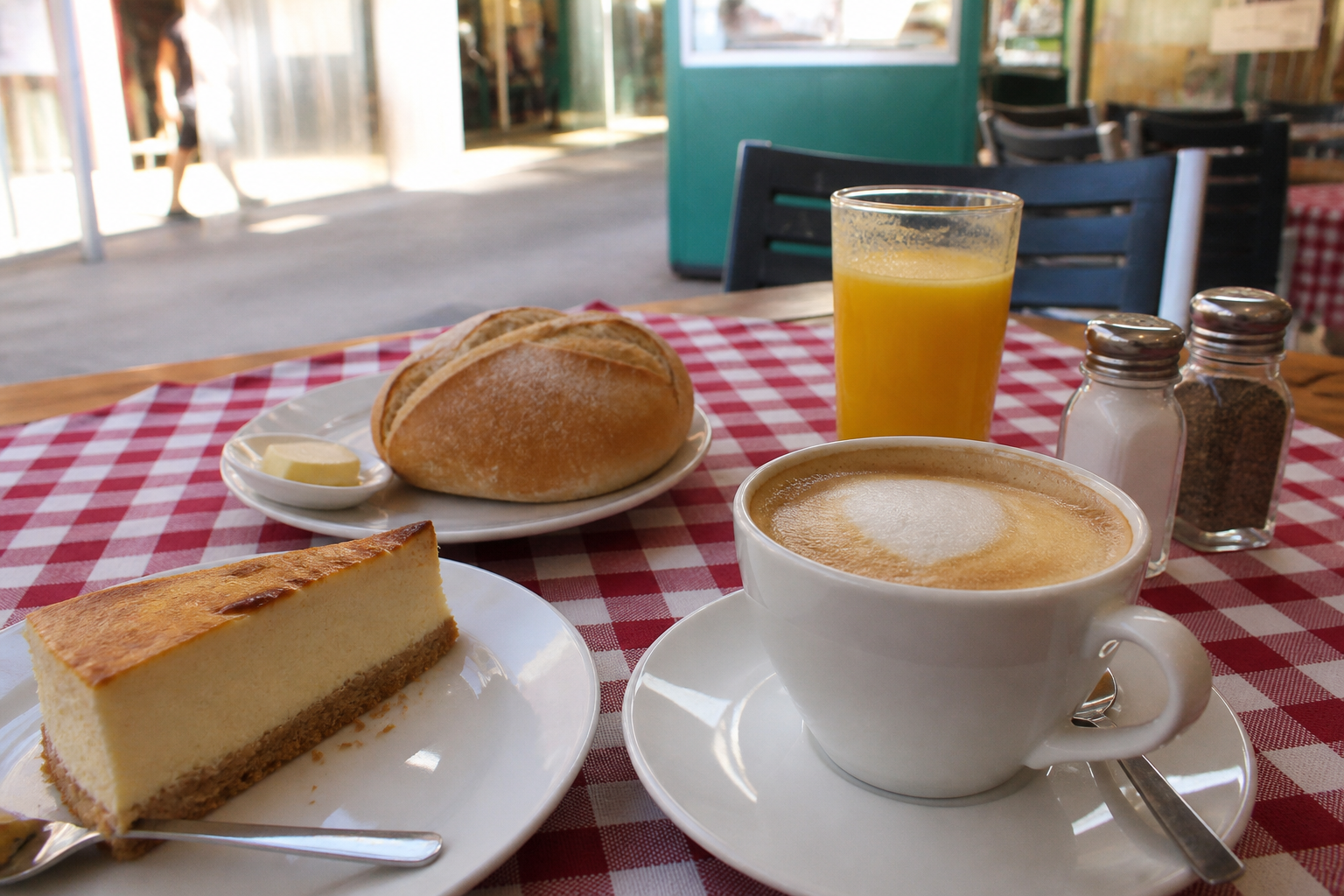 Coffee, cheesecake, a bread roll and orange juice on a checked Cafe Schneider table