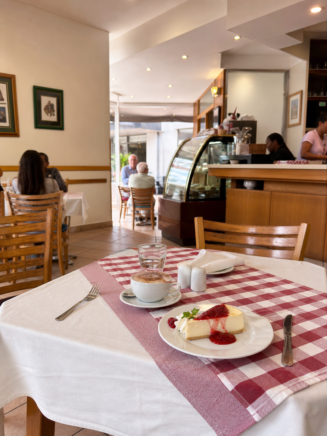 A table set with coffee and cheesecake inside Cafe Schneider