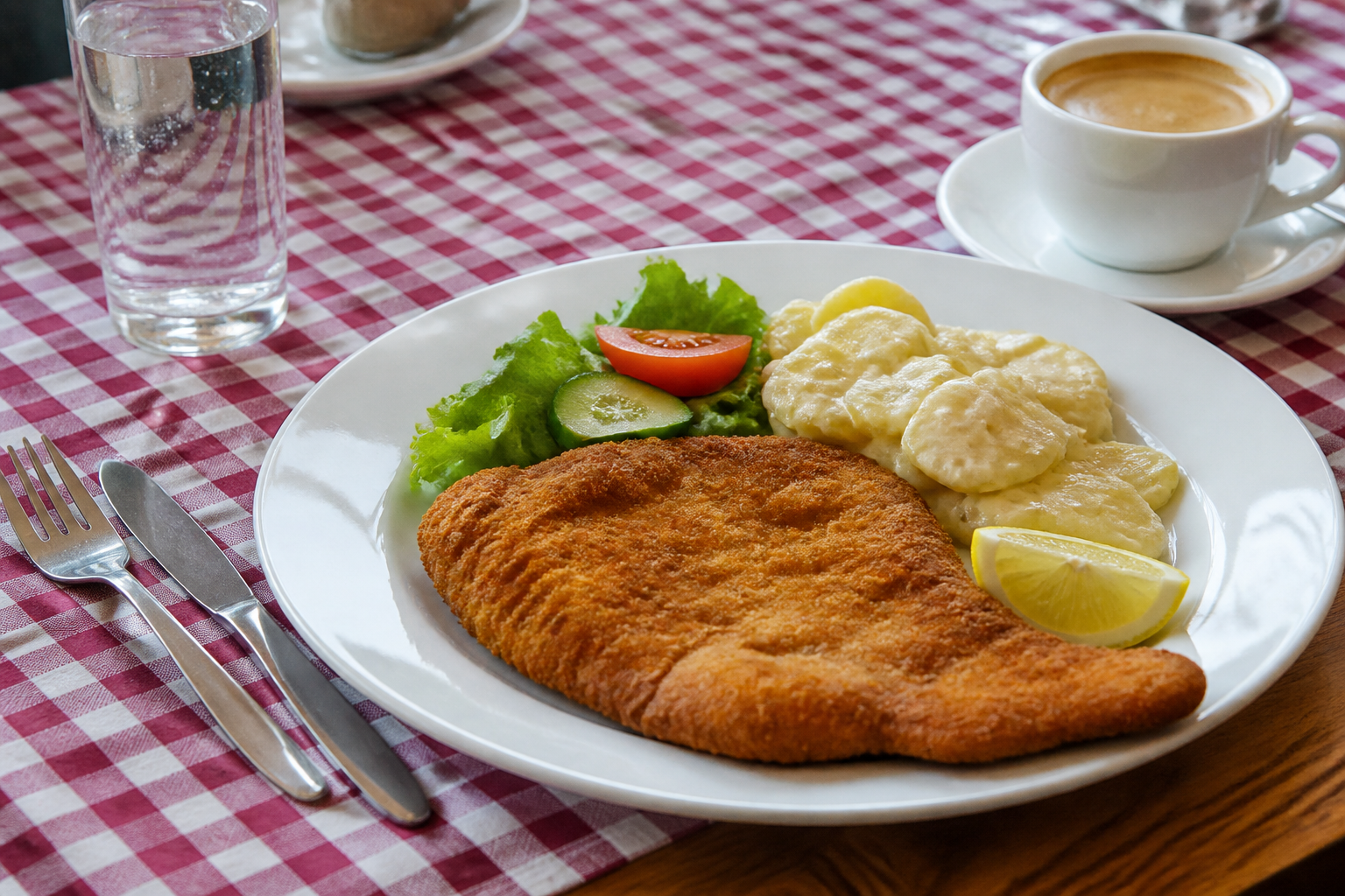 Wiener schnitzel with potato salad and greens on a Cafe Schneider checked tablecloth