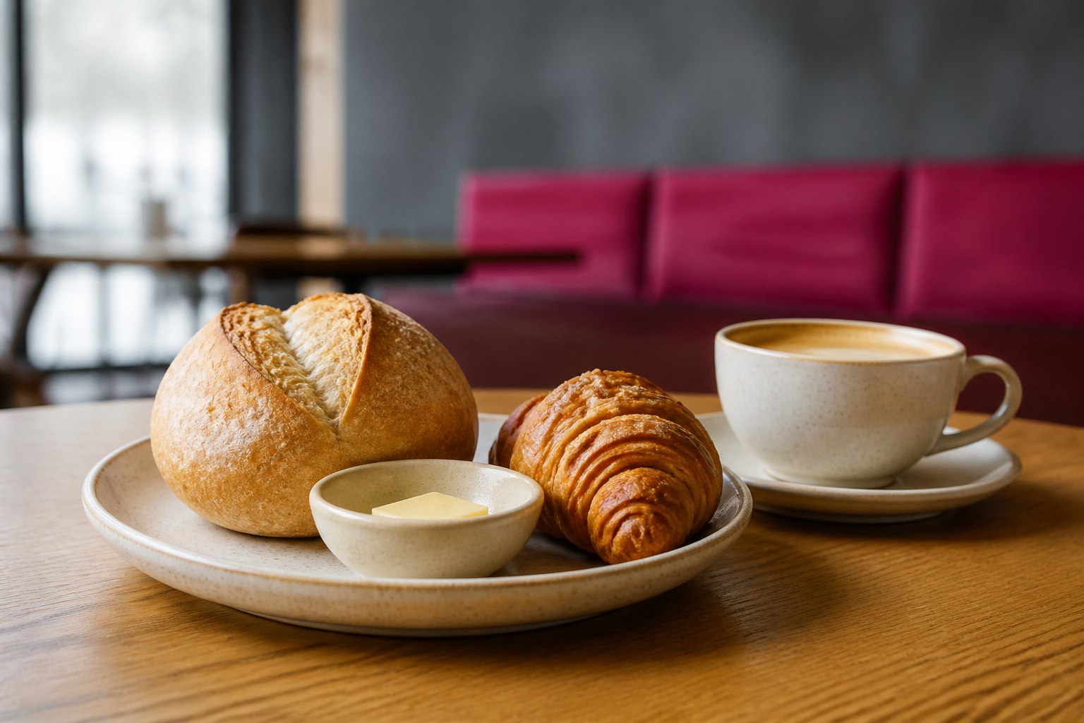 Fresh bread roll, flaky pastry and coffee on a café table