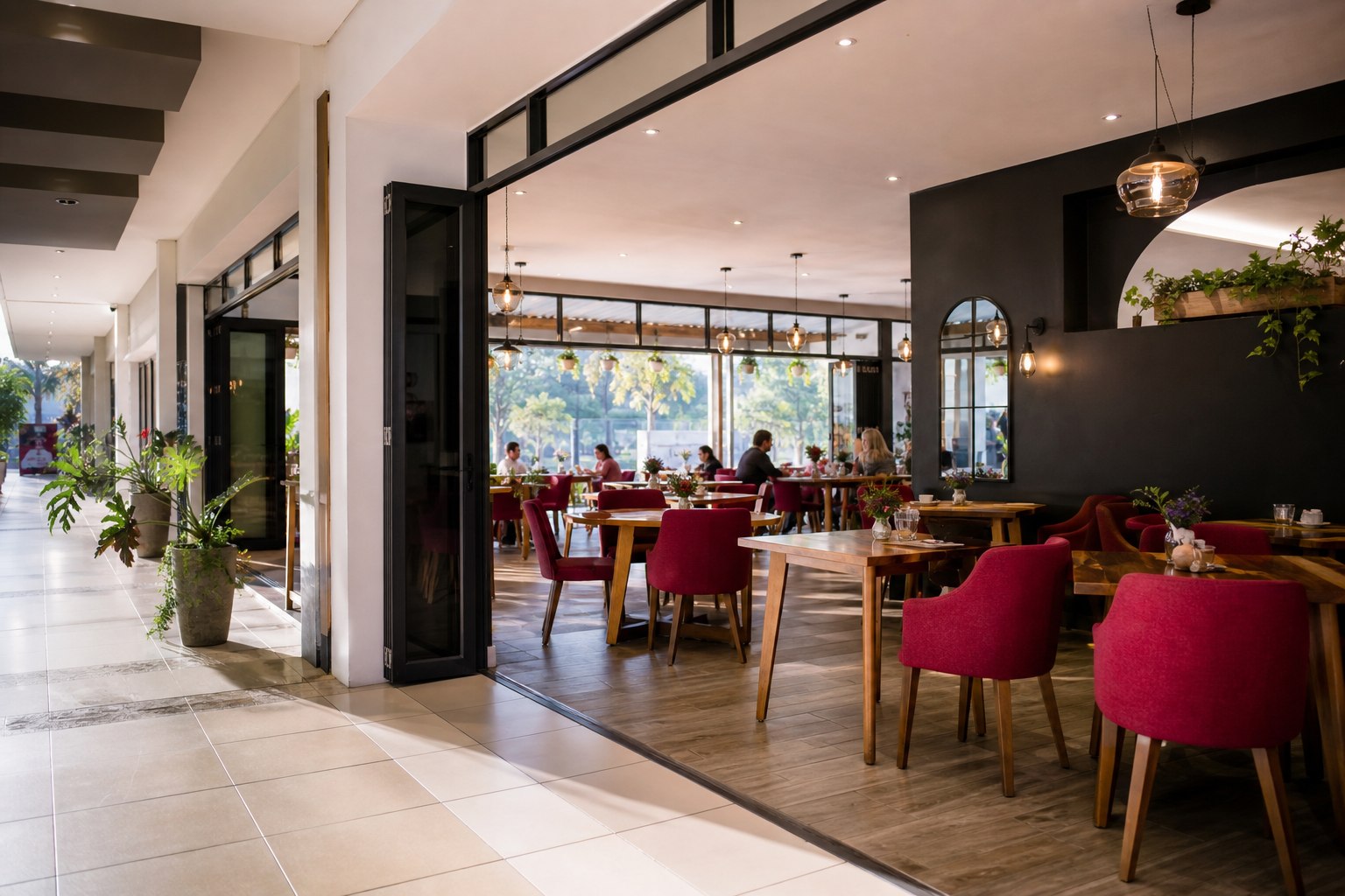 Bright café entrance opening from a mall corridor into a dining room