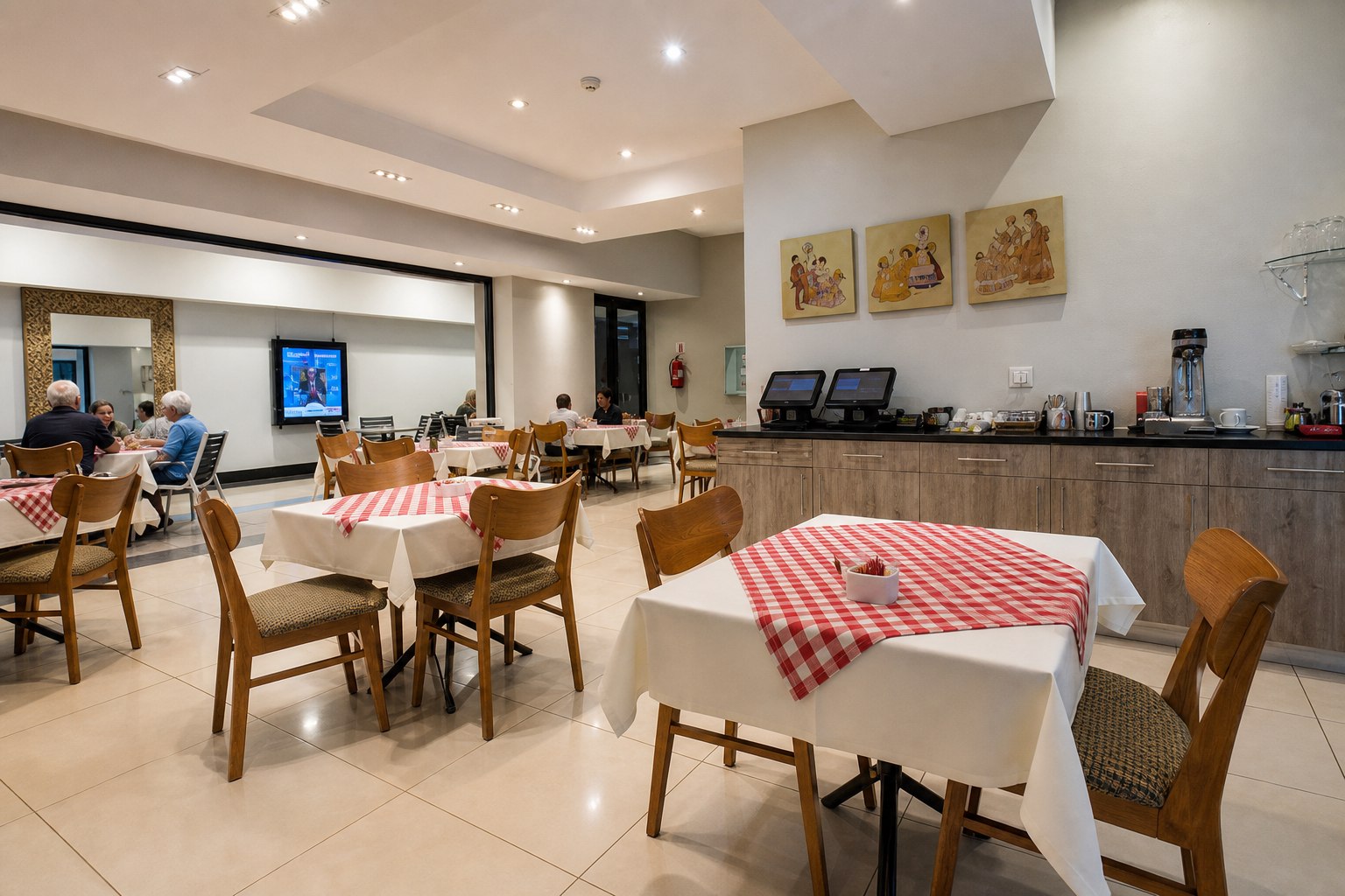 Cafe Schneider dining room with red gingham tablecloths, wood chairs and service counter