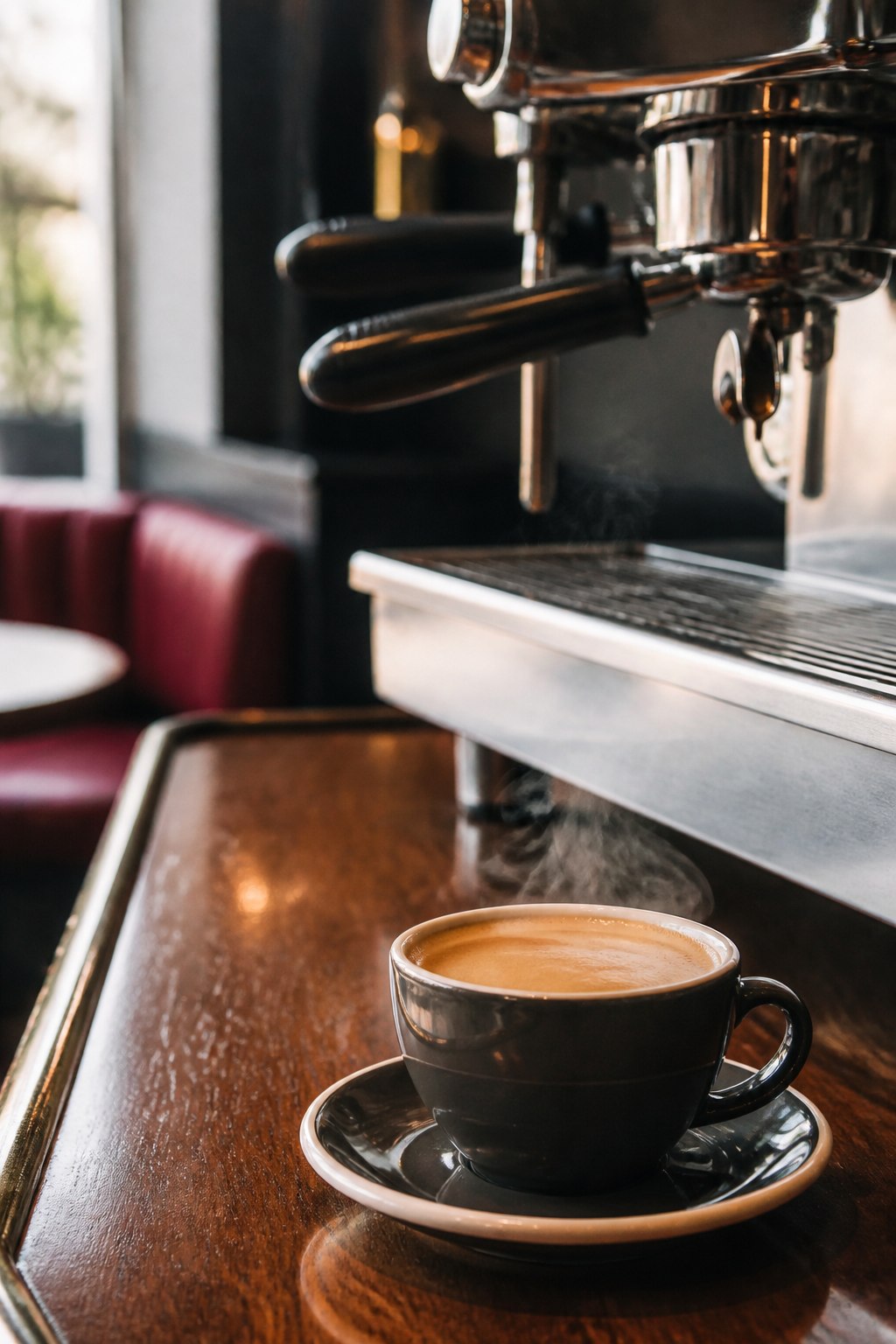 Coffee being prepared beside a polished espresso machine