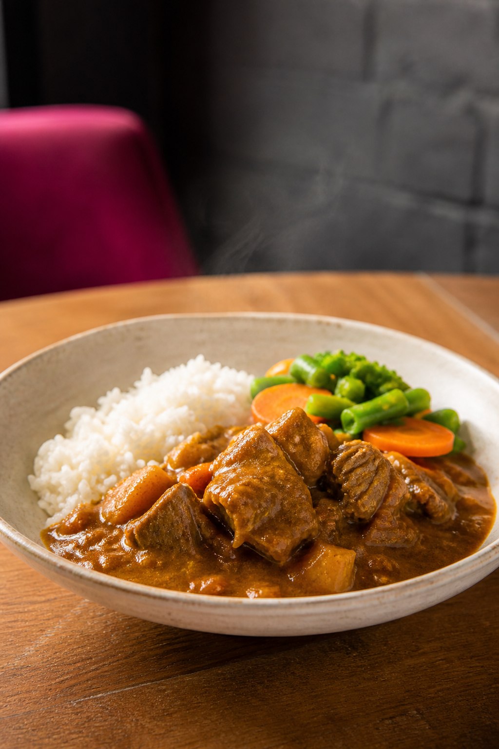 Lamb stew in curry sauce with rice and vegetables