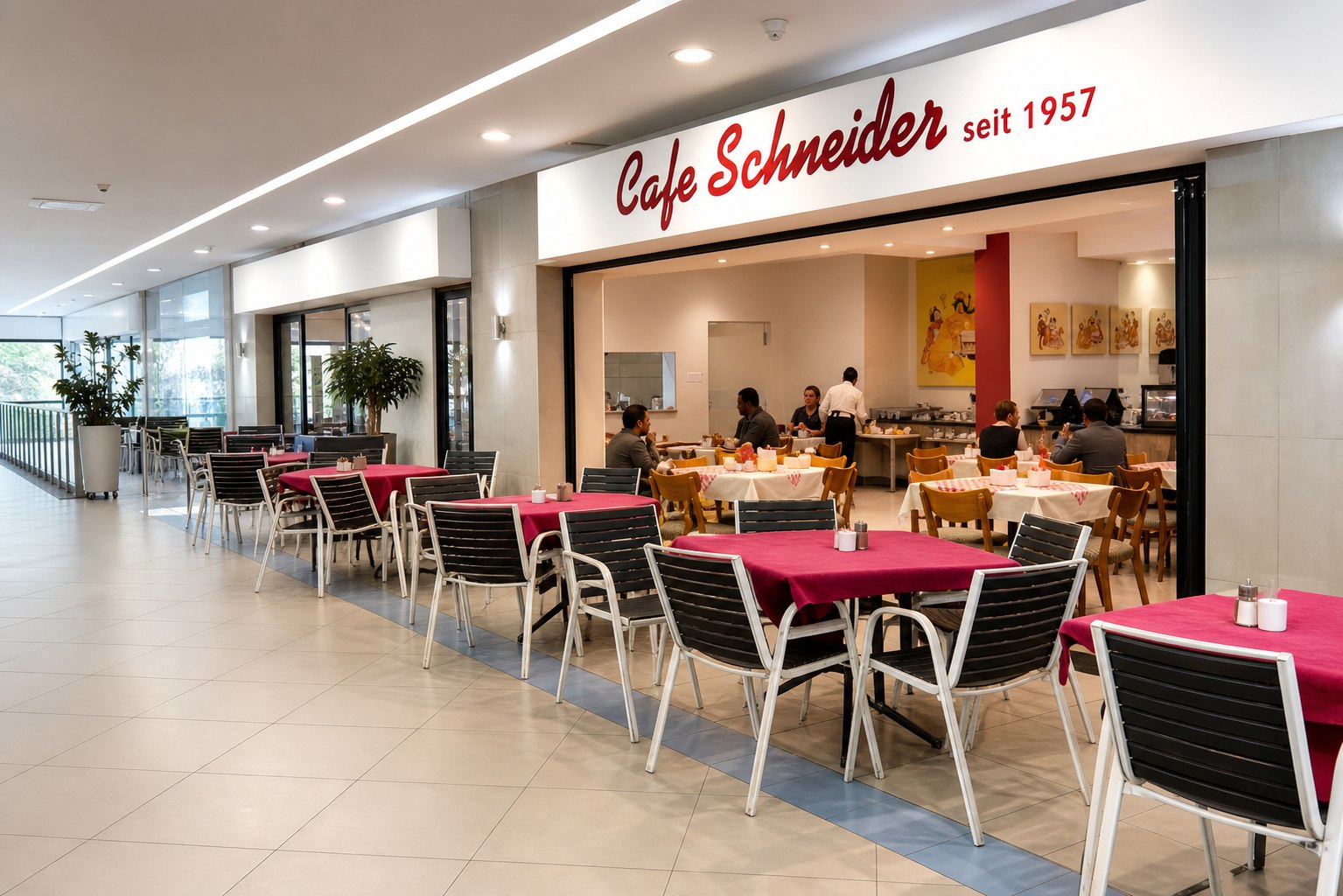 Cafe Schneider storefront and bright dining room inside Karl List Mall
